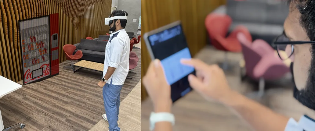 A participant wearing a Meta Quest headset in front of a mixed reality vending machine, and a tablet showing the study interface