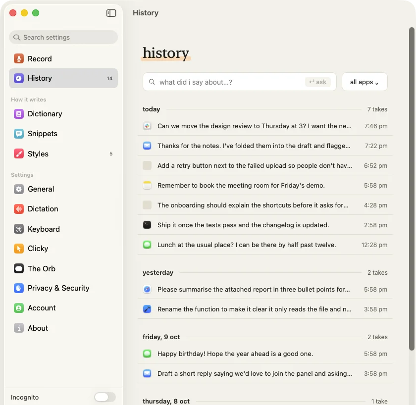 History: takes grouped by day, searchable, with a question box