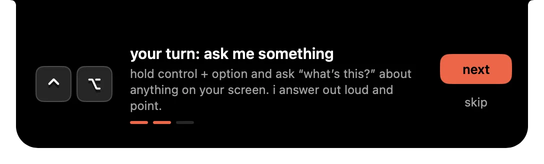The first-run tour on the island under the notch: your turn, ask me something, with the control and option keycaps