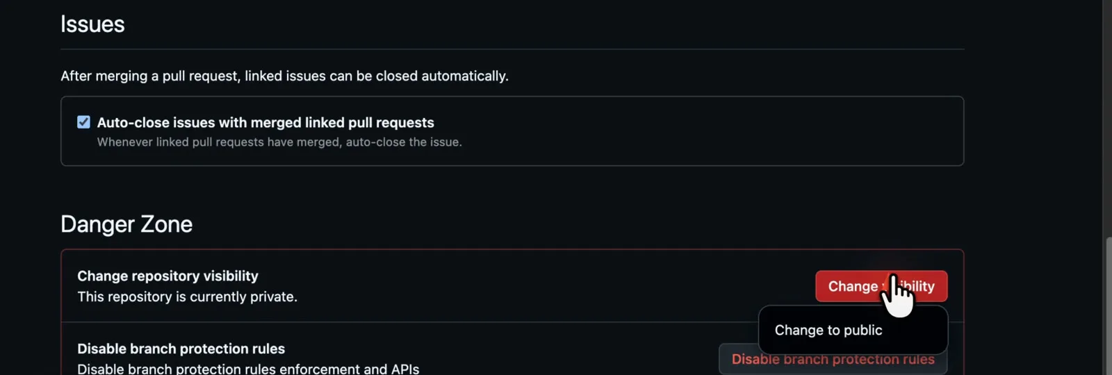 The OpenClicky pointer on the Change visibility button in a GitHub settings page, with the Change to public option showing